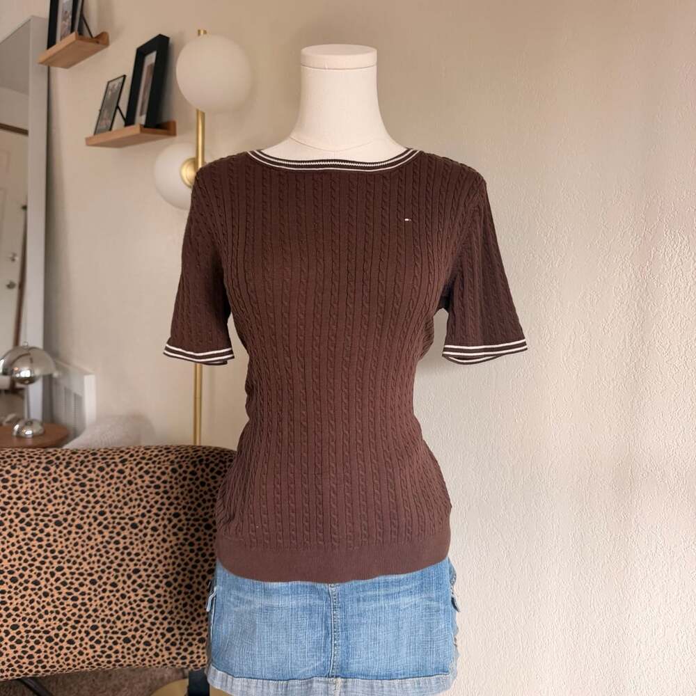 Tommy Hilfiger Cable Knit Sweater Size S/P Brown Short Sleeve